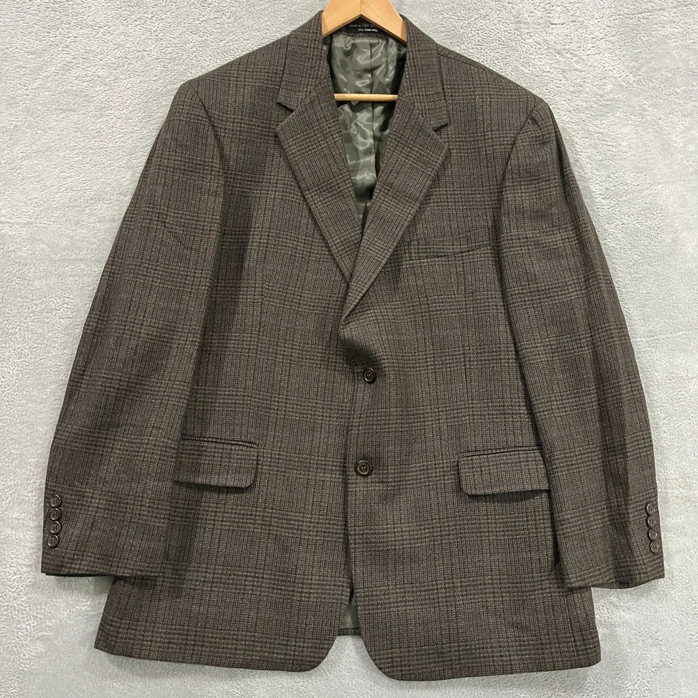 Andrew Fezza Blazer Mens 46R Brown Plaid Lambswool‎ Sport Coat Jacket Wool VTG